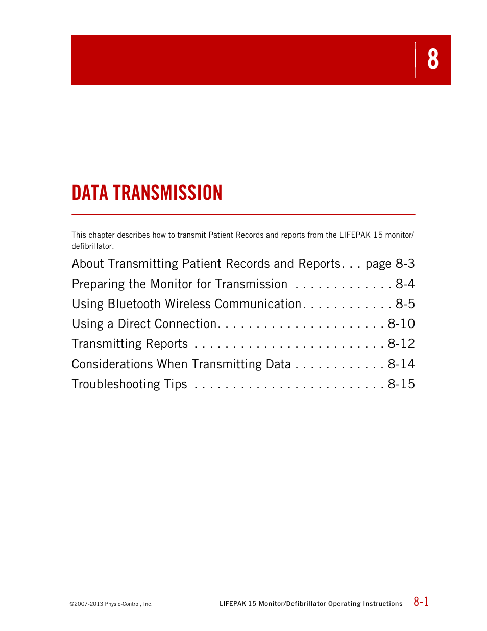 Data transmission, Chapter 8, "data transmission." whe | Physio-Control LIFEPAK 15 User Manual | Page 179 / 290