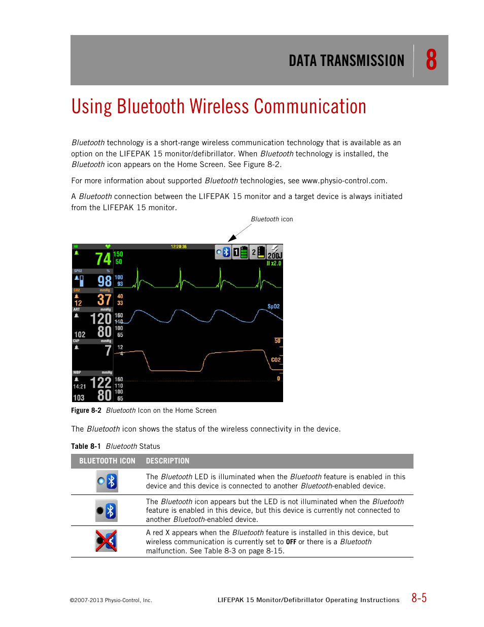 Using bluetooth wireless communication, Data transmission | Physio-Control LIFEPAK 15 User Manual | Page 183 / 290