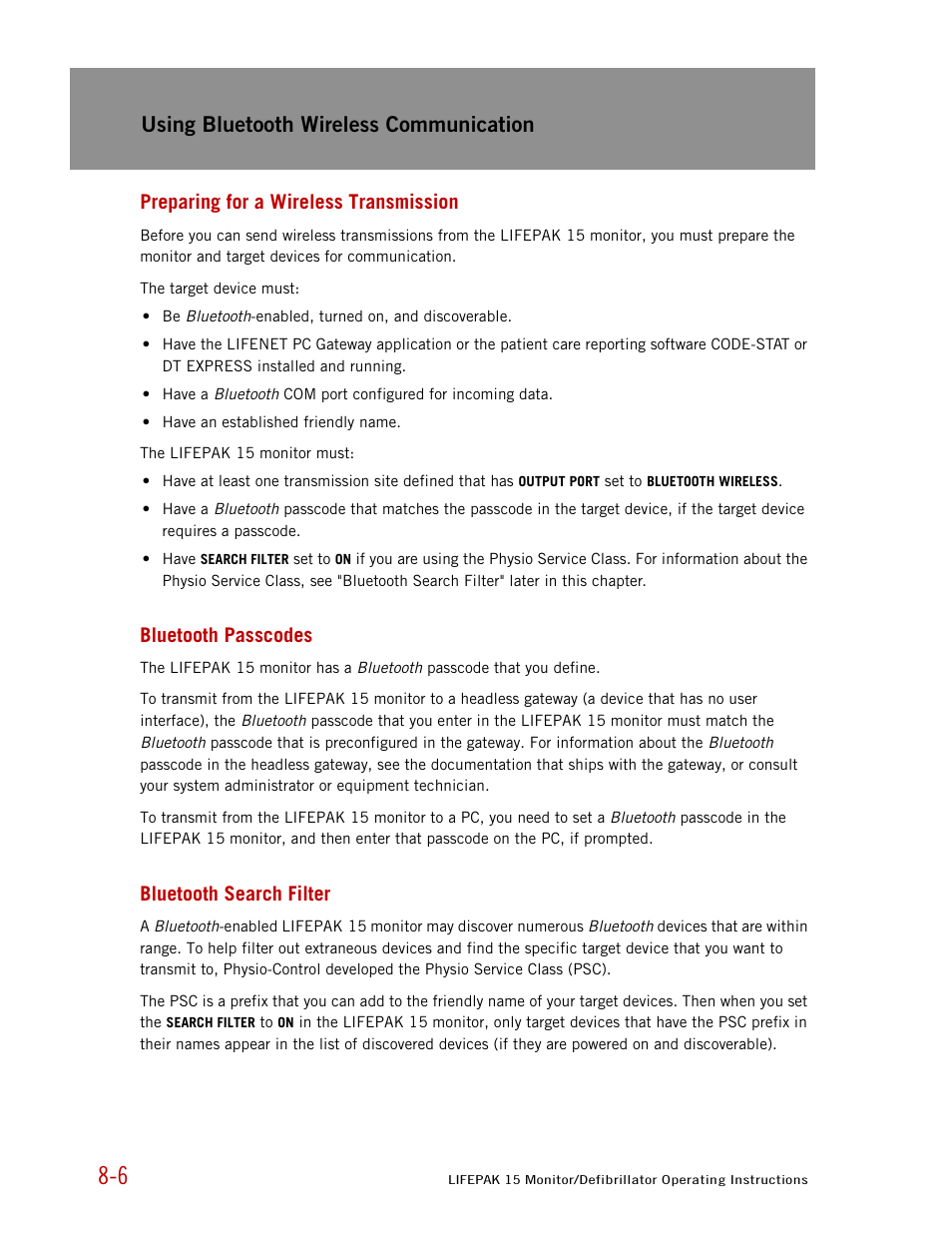 Preparing for a wireless transmission, Bluetooth passcodes, Bluetooth search filter | Using bluetooth wireless communication | Physio-Control LIFEPAK 15 User Manual | Page 184 / 290