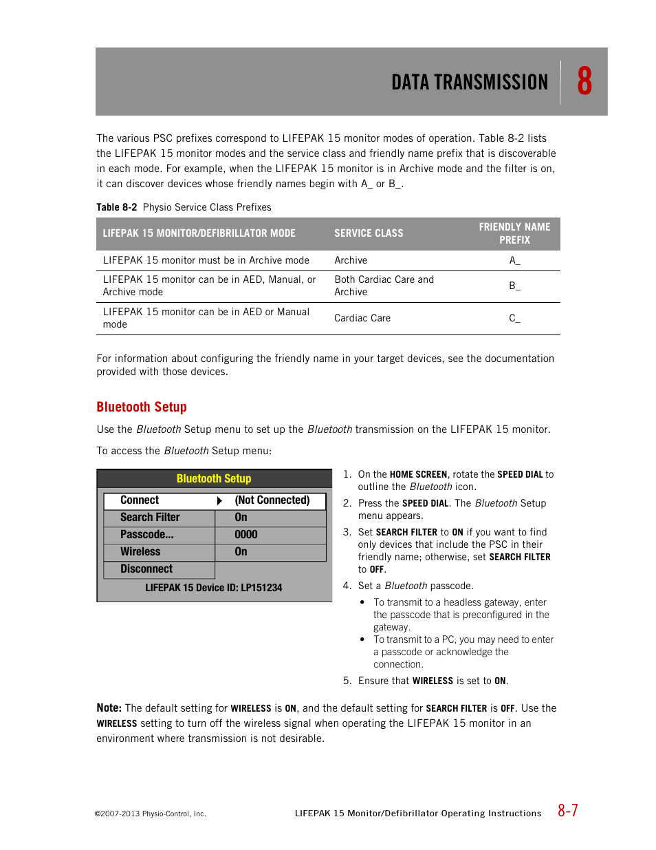 Bluetooth setup, Data transmission | Physio-Control LIFEPAK 15 User Manual | Page 185 / 290