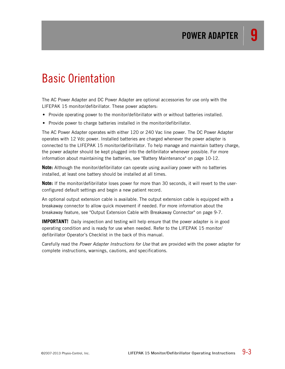 Basic orientation, Power adapter | Physio-Control LIFEPAK 15 User Manual | Page 199 / 290