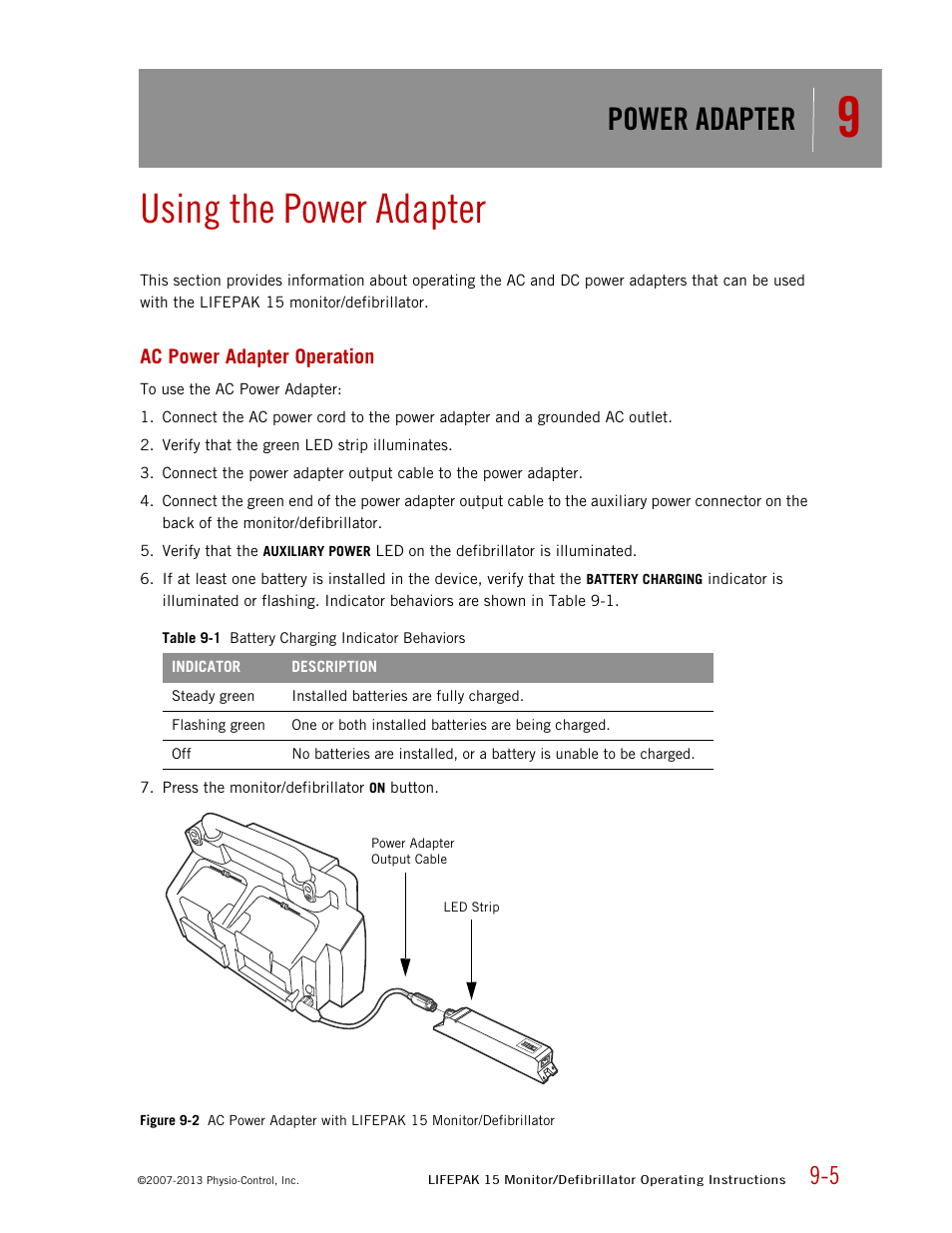 Using the power adapter, Ac power adapter operation, Power adapter | Physio-Control LIFEPAK 15 User Manual | Page 201 / 290
