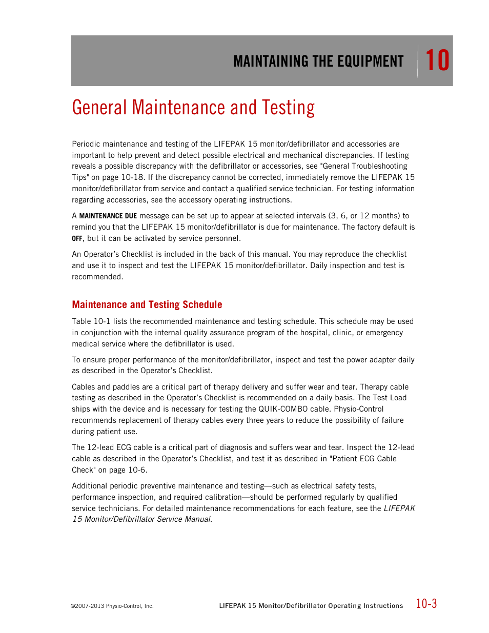 General maintenance and testing, Maintenance and testing schedule, Maintaining the equipment | Physio-Control LIFEPAK 15 User Manual | Page 209 / 290