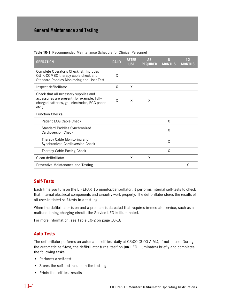 Self-tests, Auto tests, Table 10-1 | General maintenance and testing | Physio-Control LIFEPAK 15 User Manual | Page 210 / 290