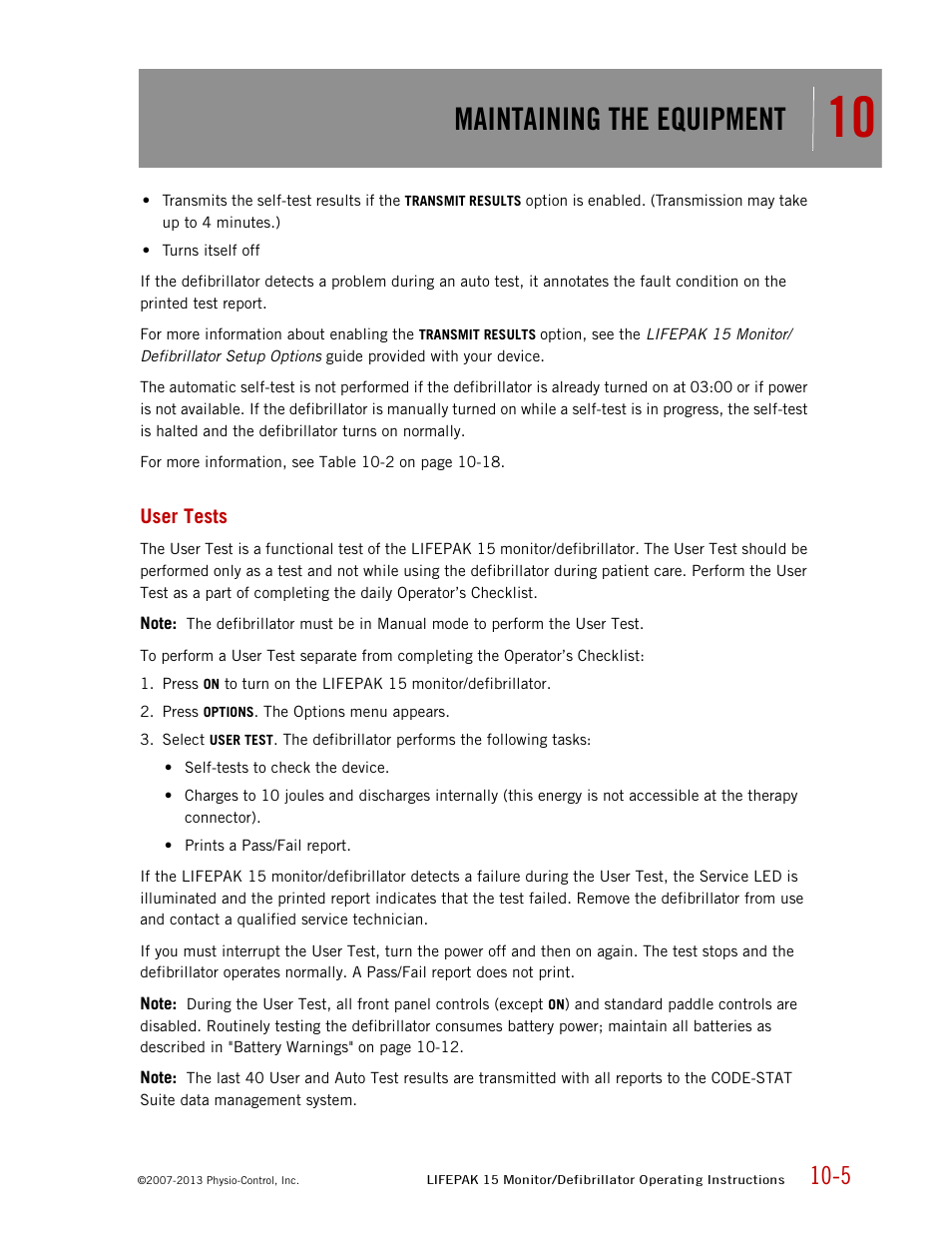 User tests, Maintaining the equipment | Physio-Control LIFEPAK 15 User Manual | Page 211 / 290