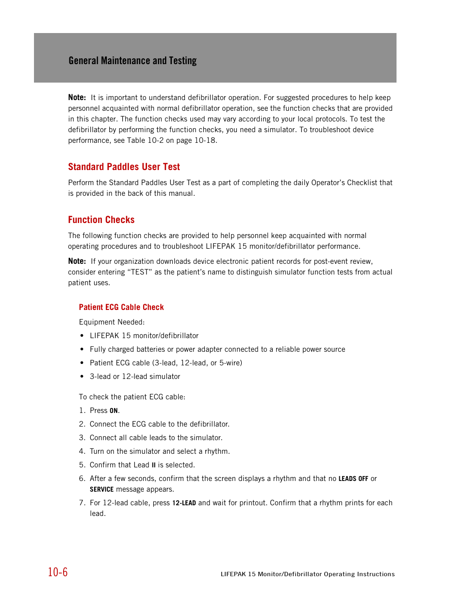 Standard paddles user test, Function checks, Patient ecg cable check | Patient ecg cable, General maintenance and testing | Physio-Control LIFEPAK 15 User Manual | Page 212 / 290