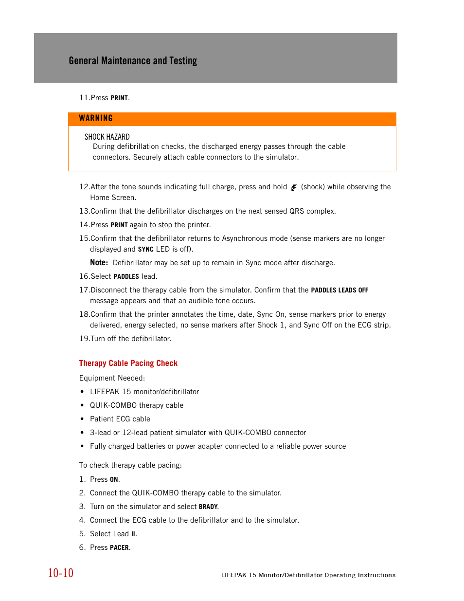 Therapy cable pacing check, General maintenance and testing | Physio-Control LIFEPAK 15 User Manual | Page 216 / 290