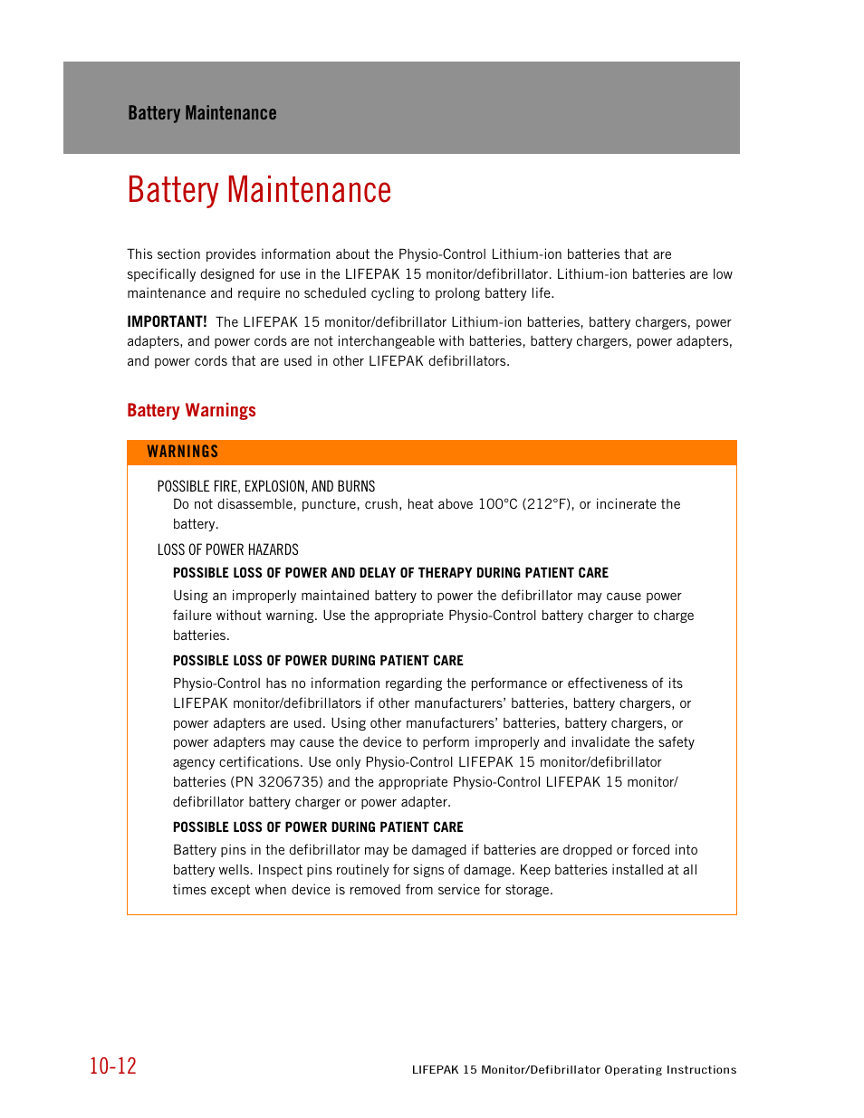 Battery maintenance, Battery warnings | Physio-Control LIFEPAK 15 User Manual | Page 218 / 290