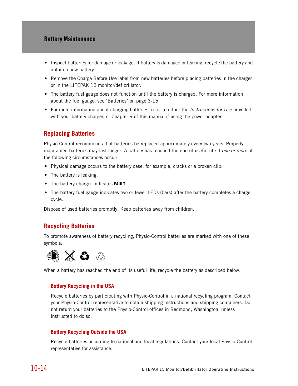 Replacing batteries, Recycling batteries, Battery recycling in the usa | Battery recycling outside the usa, Battery maintenance | Physio-Control LIFEPAK 15 User Manual | Page 220 / 290