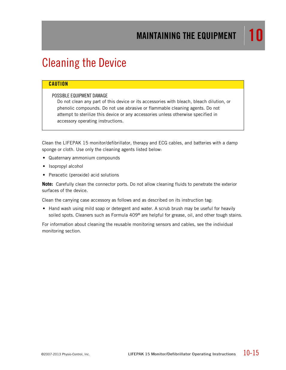 Cleaning the device, Maintaining the equipment | Physio-Control LIFEPAK 15 User Manual | Page 221 / 290