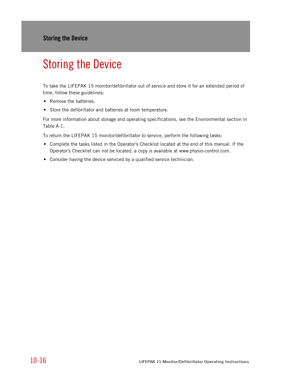 Storing the device | Physio-Control LIFEPAK 15 User Manual | Page 222 / 290