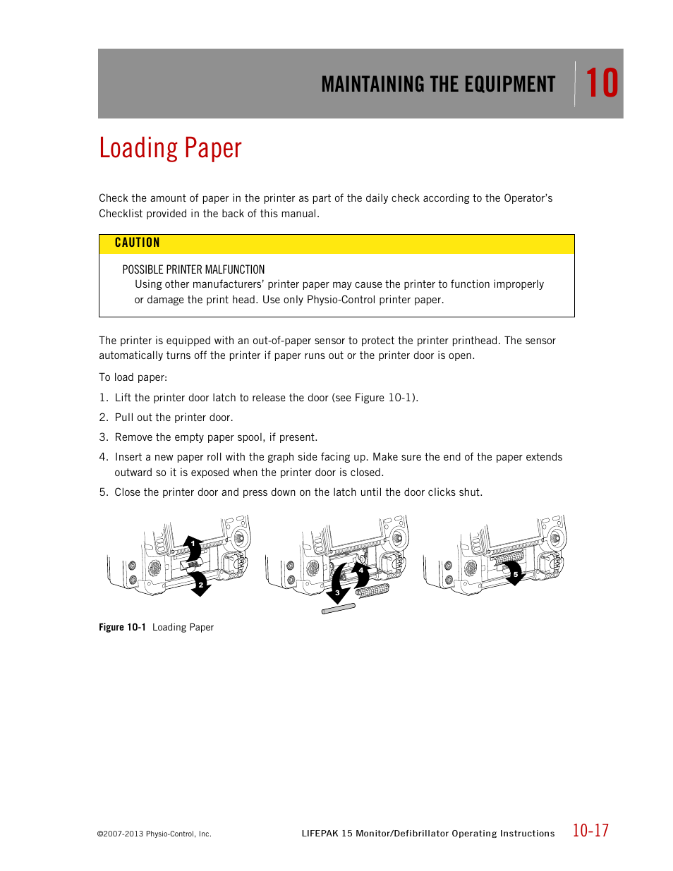 Loading paper, Maintaining the equipment | Physio-Control LIFEPAK 15 User Manual | Page 223 / 290