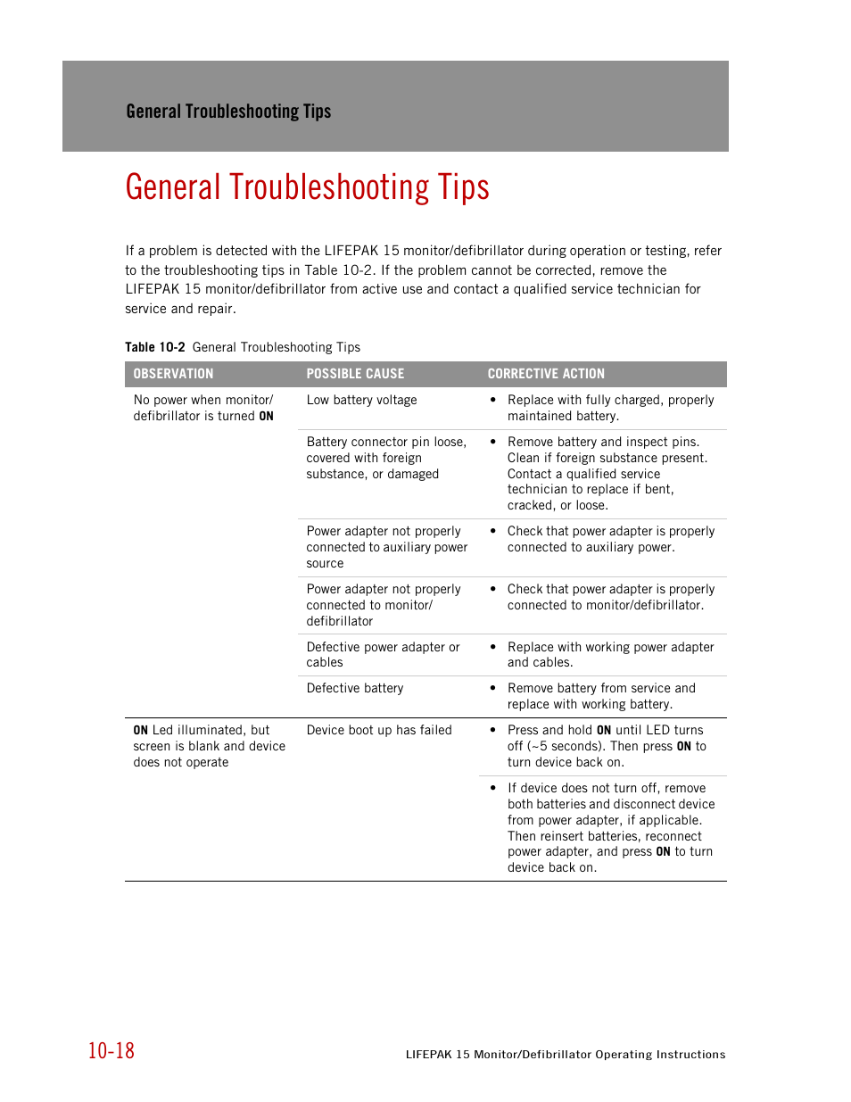 General troubleshooting tips, General troubleshooting | Physio-Control LIFEPAK 15 User Manual | Page 224 / 290