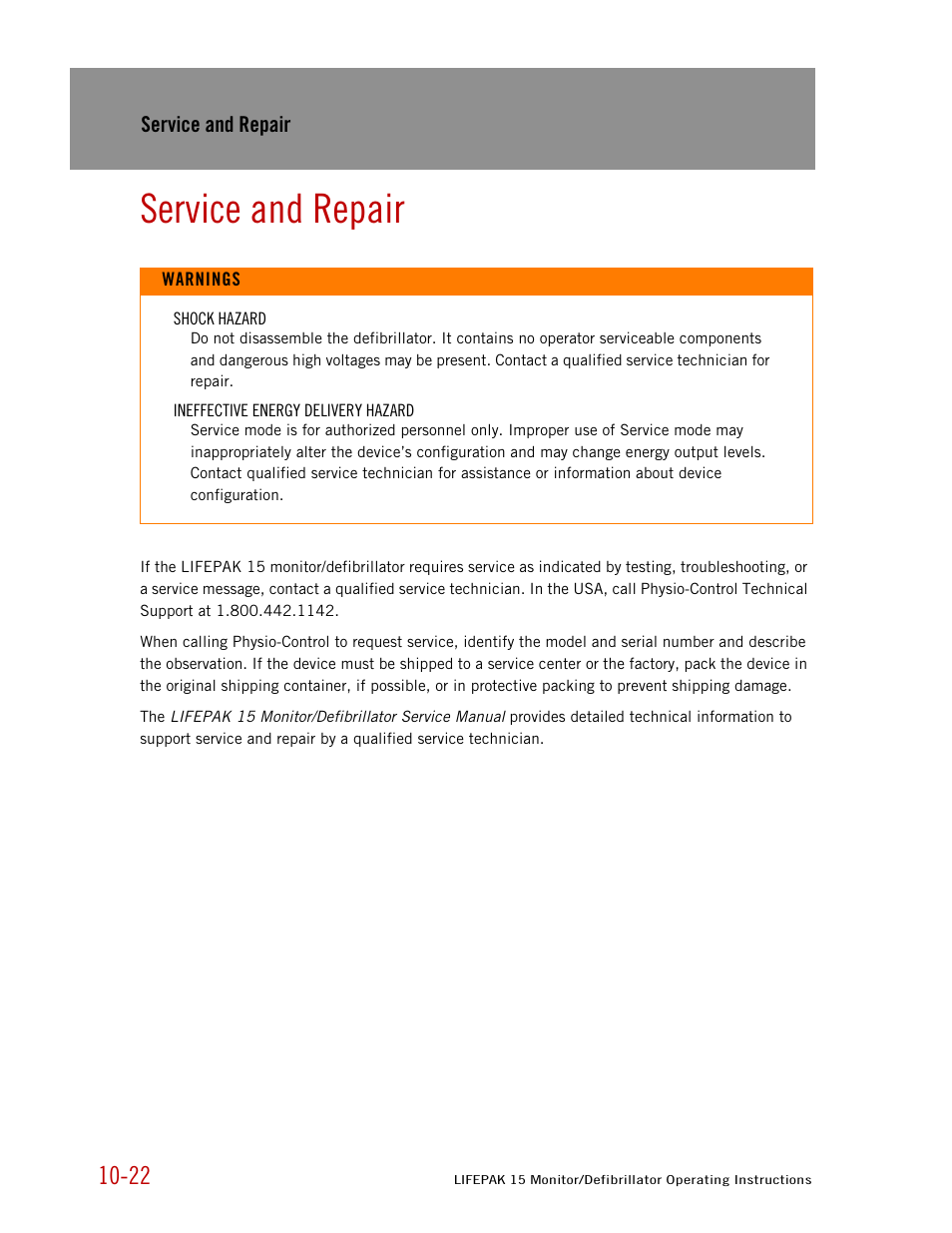 Service and repair | Physio-Control LIFEPAK 15 User Manual | Page 228 / 290