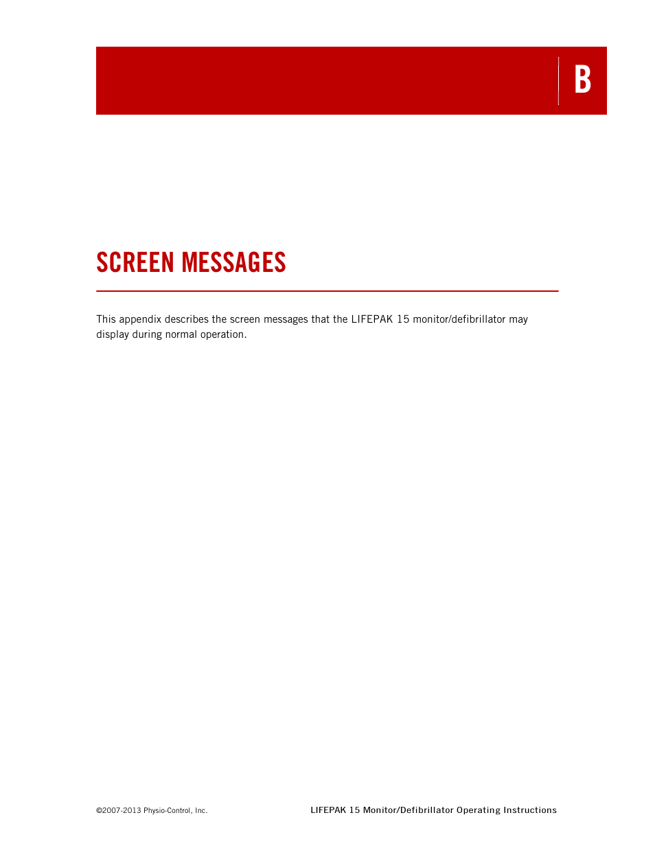 Screen messages, See appendix b | Physio-Control LIFEPAK 15 User Manual | Page 253 / 290
