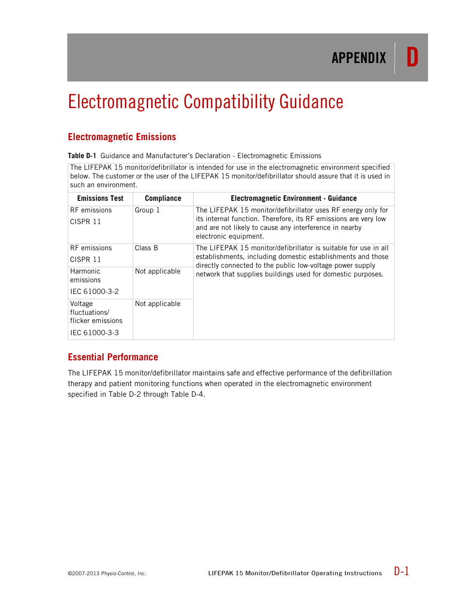 Electromagnetic emissions, Essential performance, Electromagnetic compatibility guidance | Appendix | Physio-Control LIFEPAK 15 User Manual | Page 271 / 290