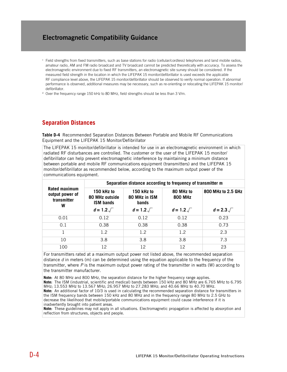 Separation distances, Electromagnetic compatibility guidance | Physio-Control LIFEPAK 15 User Manual | Page 274 / 290