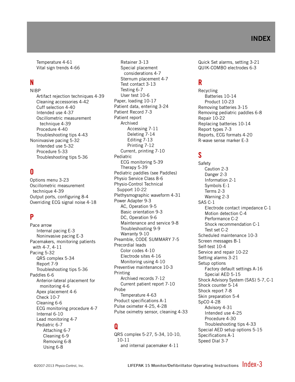 Index-3, Index | Physio-Control LIFEPAK 15 User Manual | Page 285 / 290