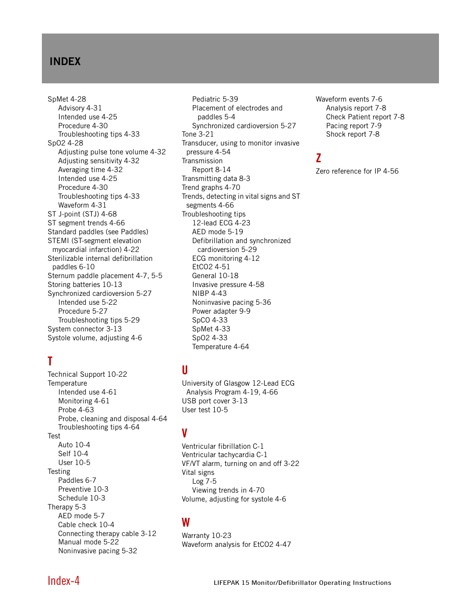 Index-4, Index | Physio-Control LIFEPAK 15 User Manual | Page 286 / 290