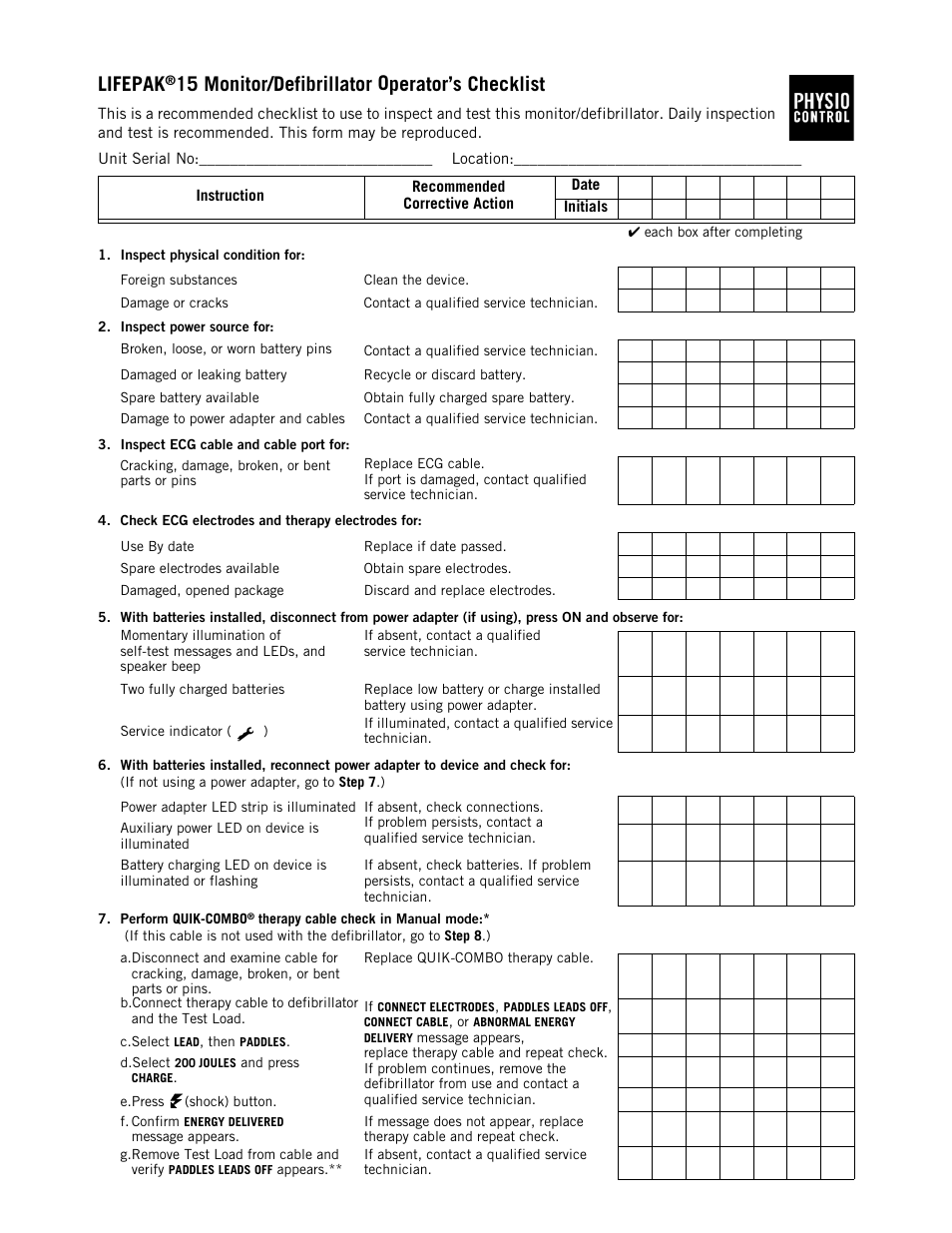 Lifepak, 15 monitor/defibrillator operator’s checklist | Physio-Control LIFEPAK 15 User Manual | Page 287 / 290
