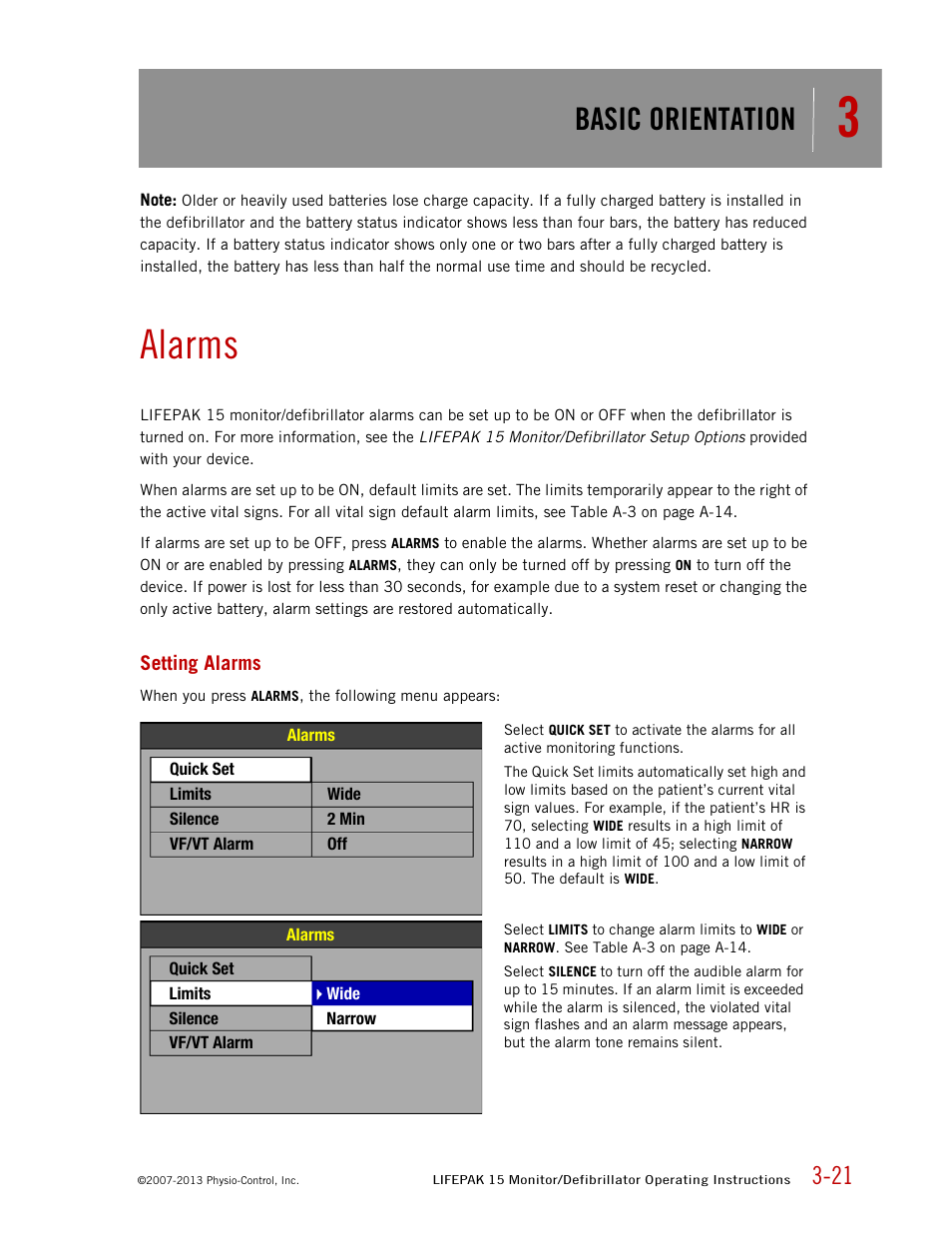 Alarms, Setting alarms, Basic orientation | Physio-Control LIFEPAK 15 User Manual | Page 39 / 290