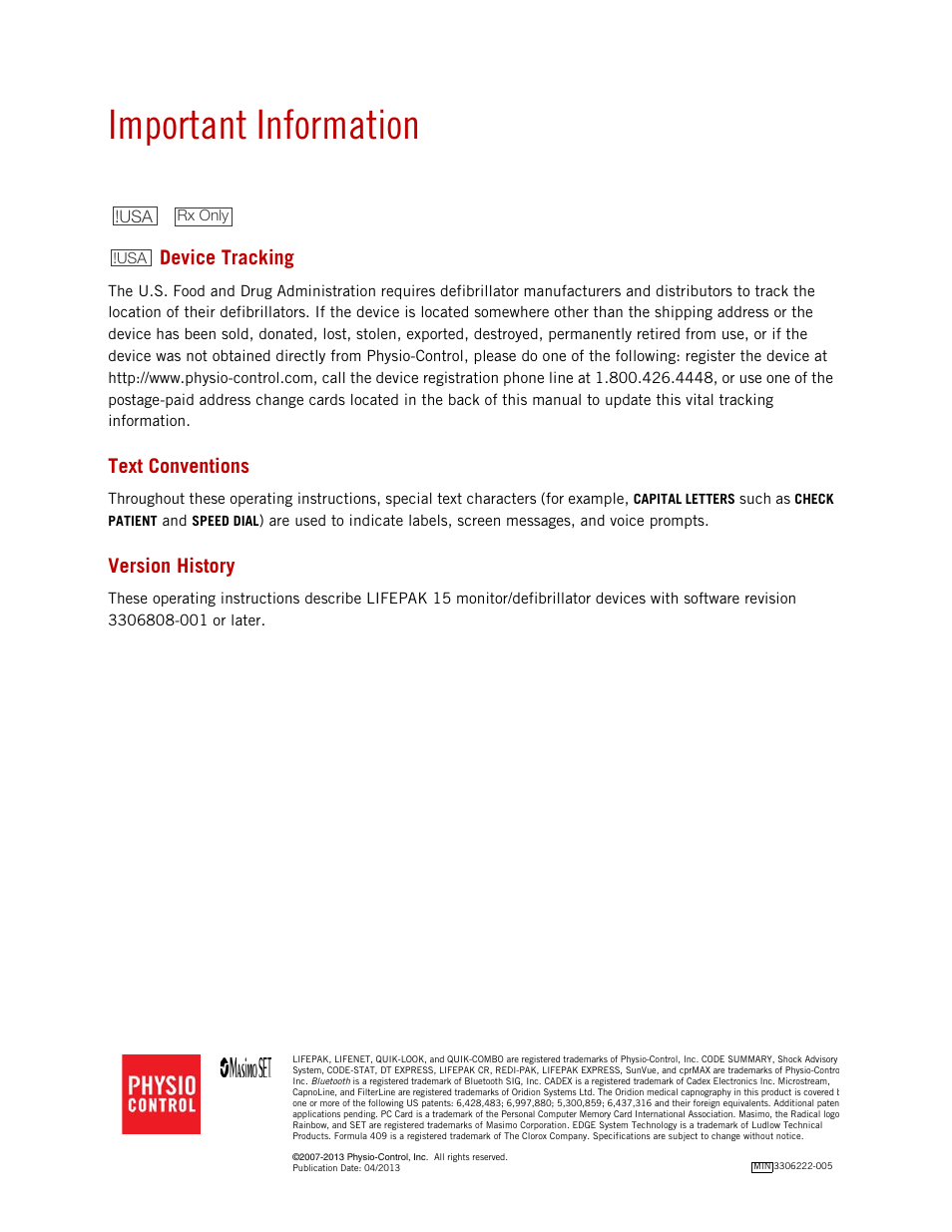 Important information, Device tracking, Text conventions | Version history | Physio-Control LIFEPAK 15 User Manual | Page 4 / 290