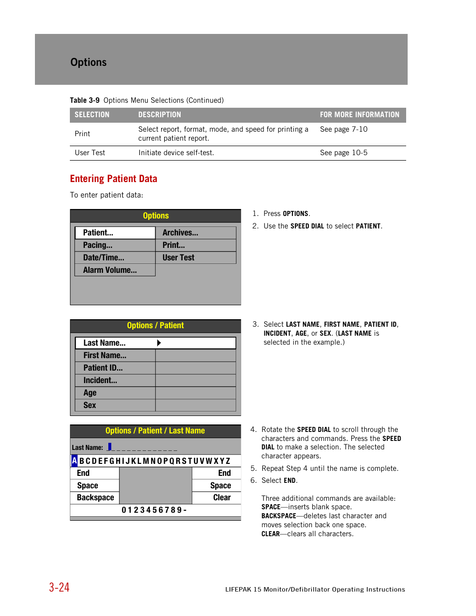 Entering patient data, E "entering patient data" in next, Options | Physio-Control LIFEPAK 15 User Manual | Page 42 / 290