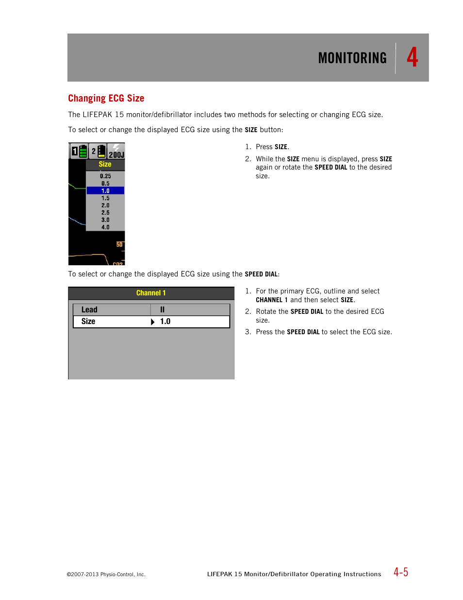 Changing ecg size, Monitoring | Physio-Control LIFEPAK 15 User Manual | Page 49 / 290