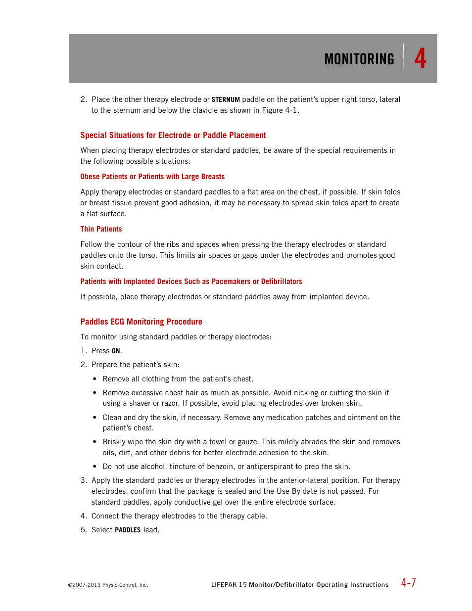 Paddles ecg monitoring procedure, Monitoring | Physio-Control LIFEPAK 15 User Manual | Page 51 / 290