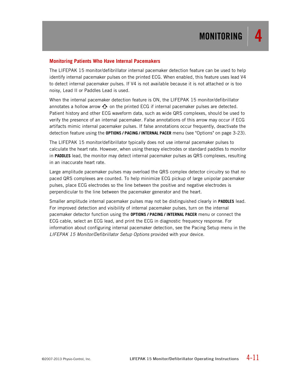 Monitoring patients who have internal pacemakers, Monitoring | Physio-Control LIFEPAK 15 User Manual | Page 55 / 290