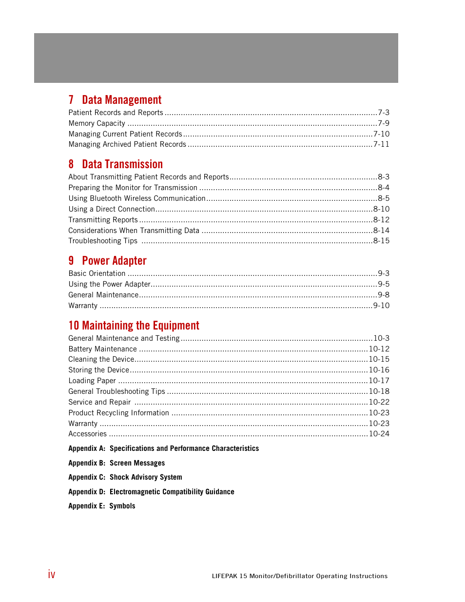 7 data management, 8 data transmission, 9 power adapter | 10 maintaining the equipment | Physio-Control LIFEPAK 15 User Manual | Page 6 / 290