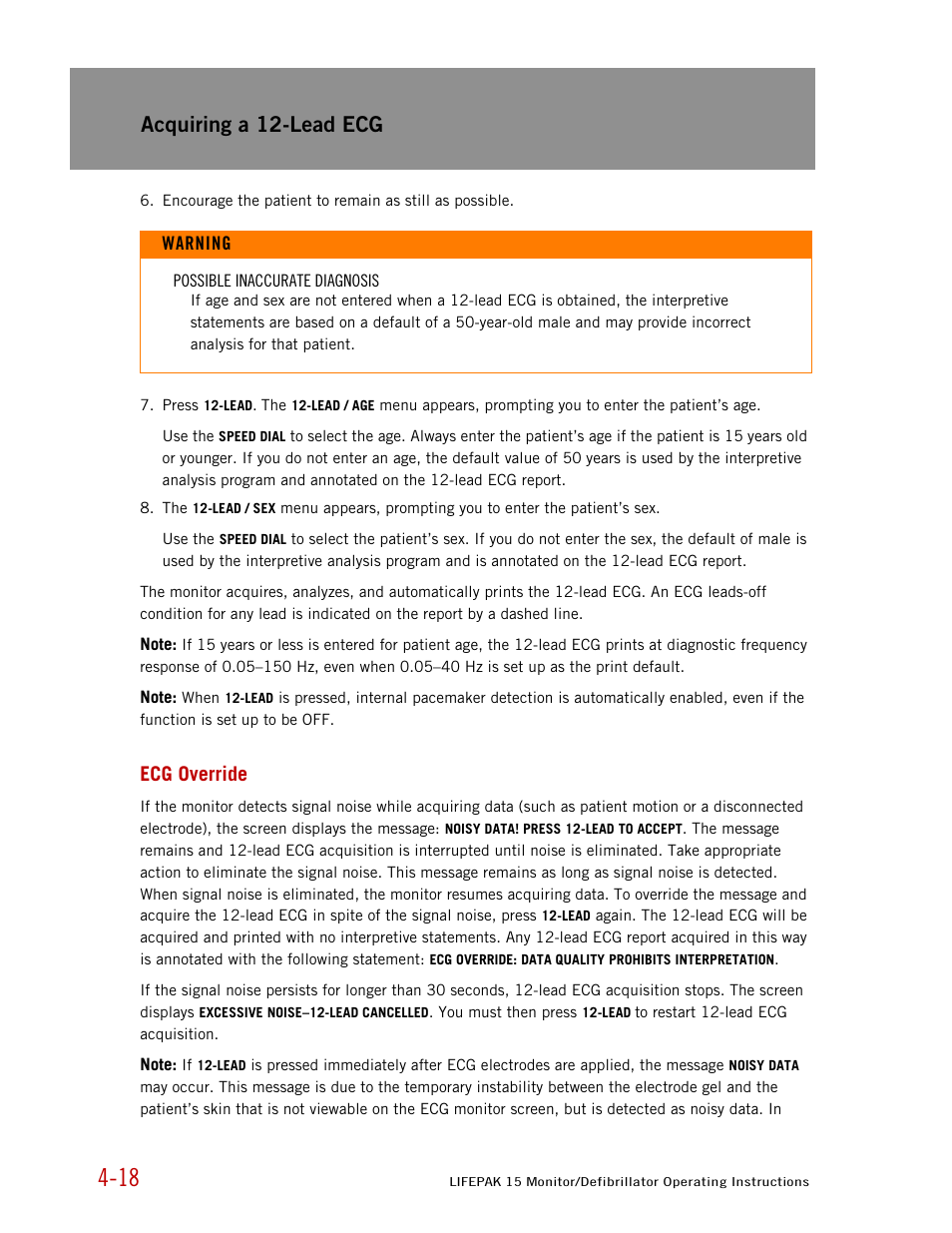 Ecg override, Acquiring a 12-lead ecg | Physio-Control LIFEPAK 15 User Manual | Page 62 / 290