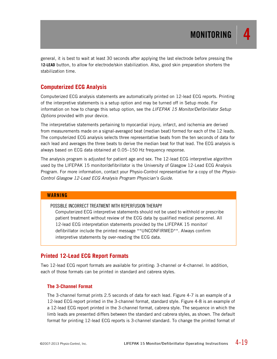 Computerized ecg analysis, Printed 12-lead ecg report formats, The 3-channel format | Monitoring | Physio-Control LIFEPAK 15 User Manual | Page 63 / 290