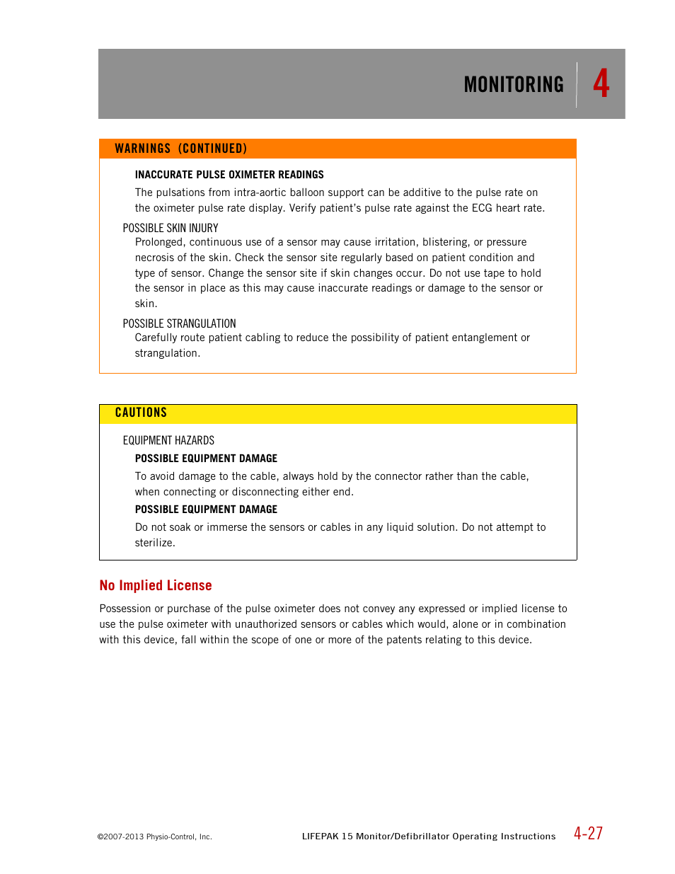 No implied license, Monitoring | Physio-Control LIFEPAK 15 User Manual | Page 71 / 290
