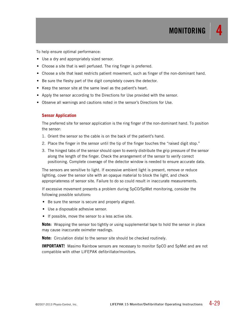 Sensor application, Monitoring | Physio-Control LIFEPAK 15 User Manual | Page 73 / 290