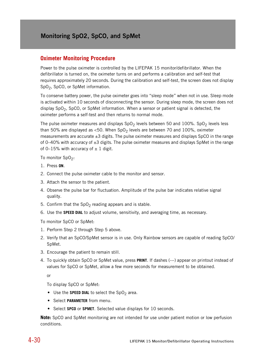 Oximeter monitoring procedure, Monitoring spo2, spco, and spmet | Physio-Control LIFEPAK 15 User Manual | Page 74 / 290
