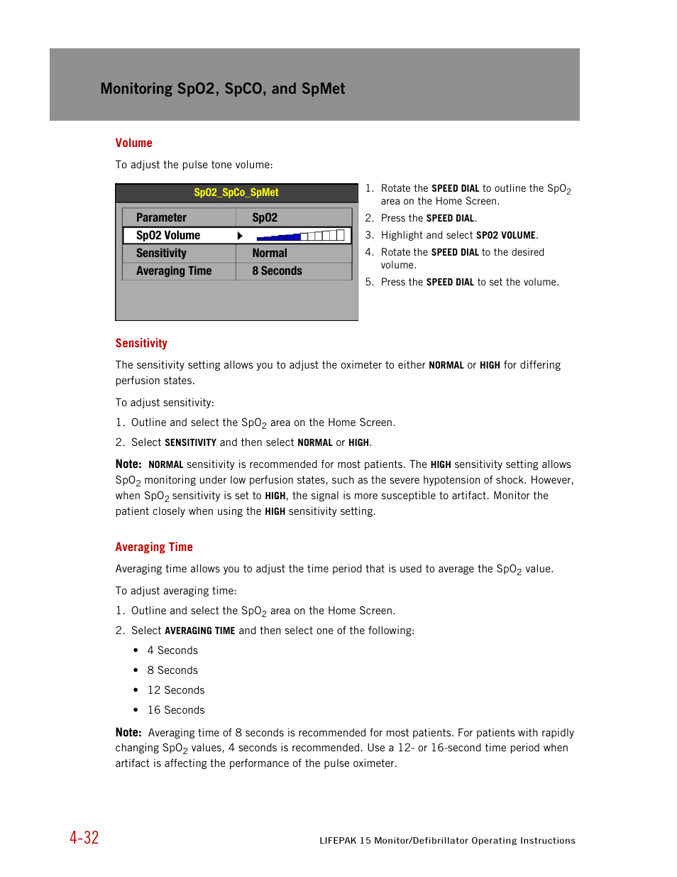 Volume, Sensitivity, Averaging time | Monitoring spo2, spco, and spmet | Physio-Control LIFEPAK 15 User Manual | Page 76 / 290