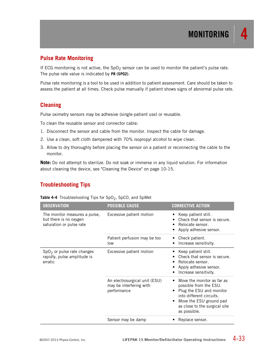 Pulse rate monitoring, Cleaning, Troubleshooting tips | Monitoring | Physio-Control LIFEPAK 15 User Manual | Page 77 / 290