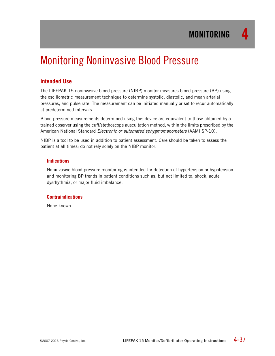 Monitoring noninvasive blood pressure, Intended use, Indications | Contraindications, Monitoring | Physio-Control LIFEPAK 15 User Manual | Page 81 / 290