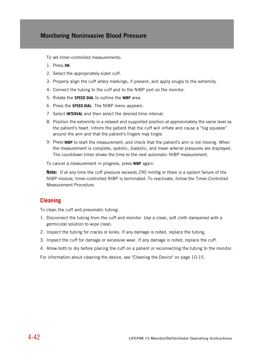 Cleaning, Monitoring noninvasive blood pressure | Physio-Control LIFEPAK 15 User Manual | Page 86 / 290