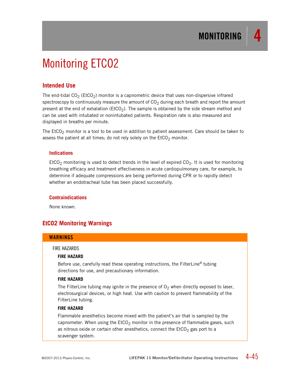 Monitoring etco2, Intended use, Indications | Contraindications, Etco2 monitoring warnings, Monitoring | Physio-Control LIFEPAK 15 User Manual | Page 89 / 290