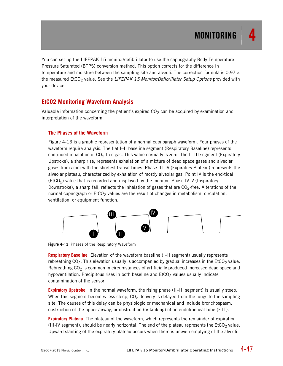 Etco2 monitoring waveform analysis, The phases of the waveform, Monitoring | Physio-Control LIFEPAK 15 User Manual | Page 91 / 290
