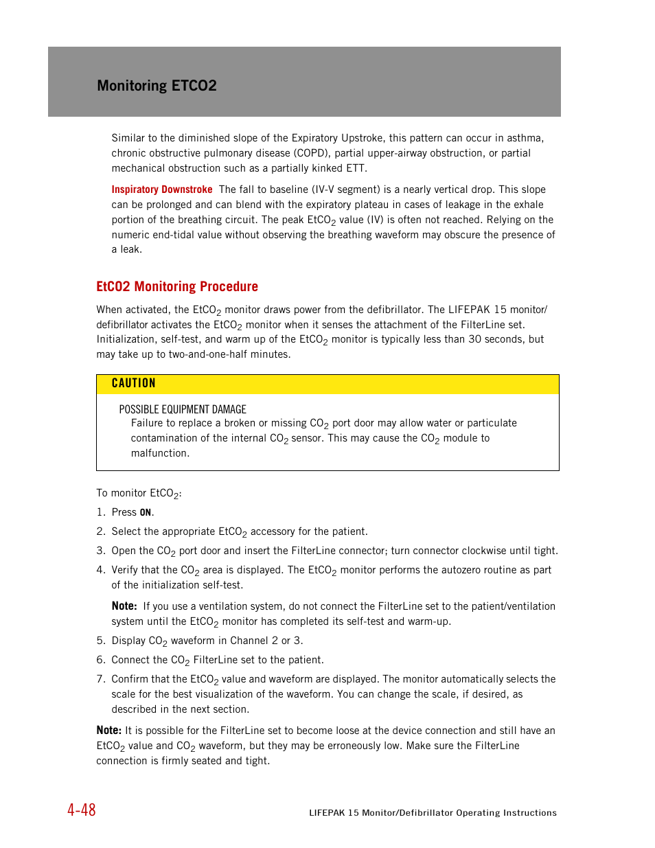 Etco2 monitoring procedure, Monitoring etco2 | Physio-Control LIFEPAK 15 User Manual | Page 92 / 290