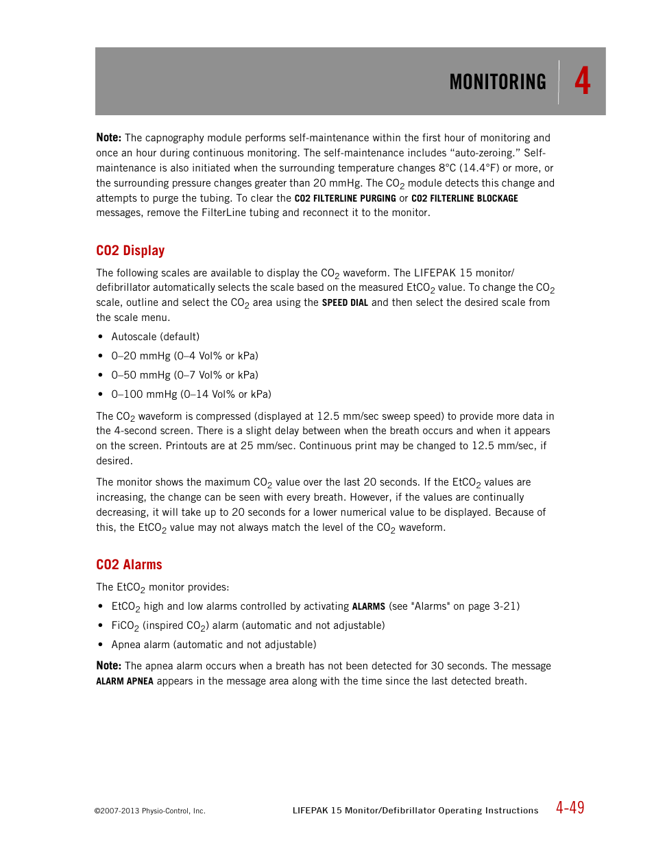 Co2 display, Co2 alarms, Monitoring | Physio-Control LIFEPAK 15 User Manual | Page 93 / 290