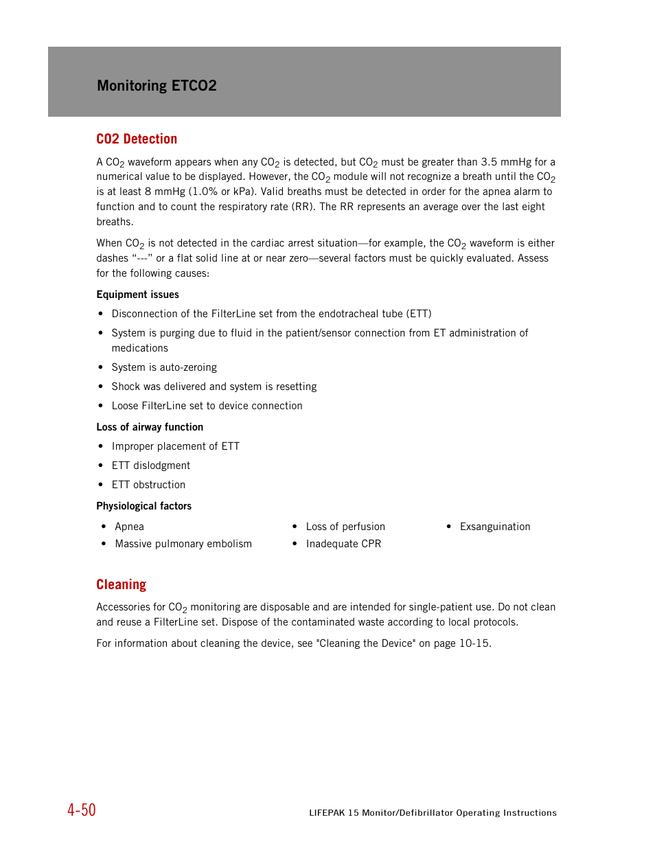 Co2 detection, Cleaning, Monitoring etco2 | Physio-Control LIFEPAK 15 User Manual | Page 94 / 290