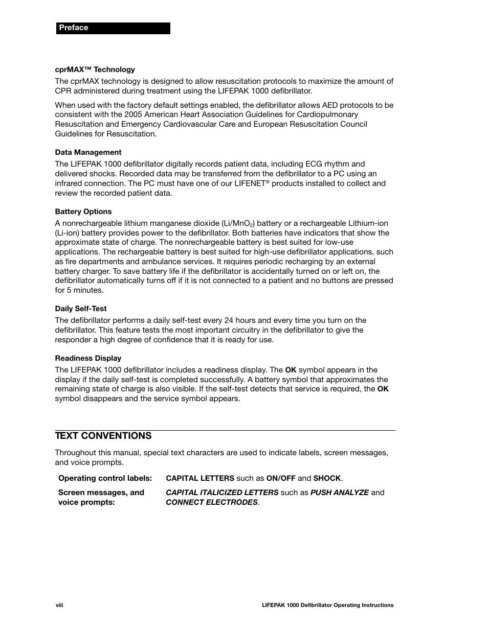 Text conventions, Viii | Physio-Control LIFEPAK 1000 User Manual | Page 10 / 86