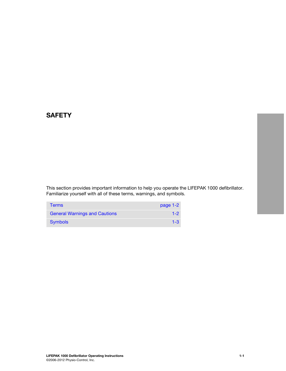 Safety, 1 safety, Safety 1 | Physio-Control LIFEPAK 1000 User Manual | Page 11 / 86