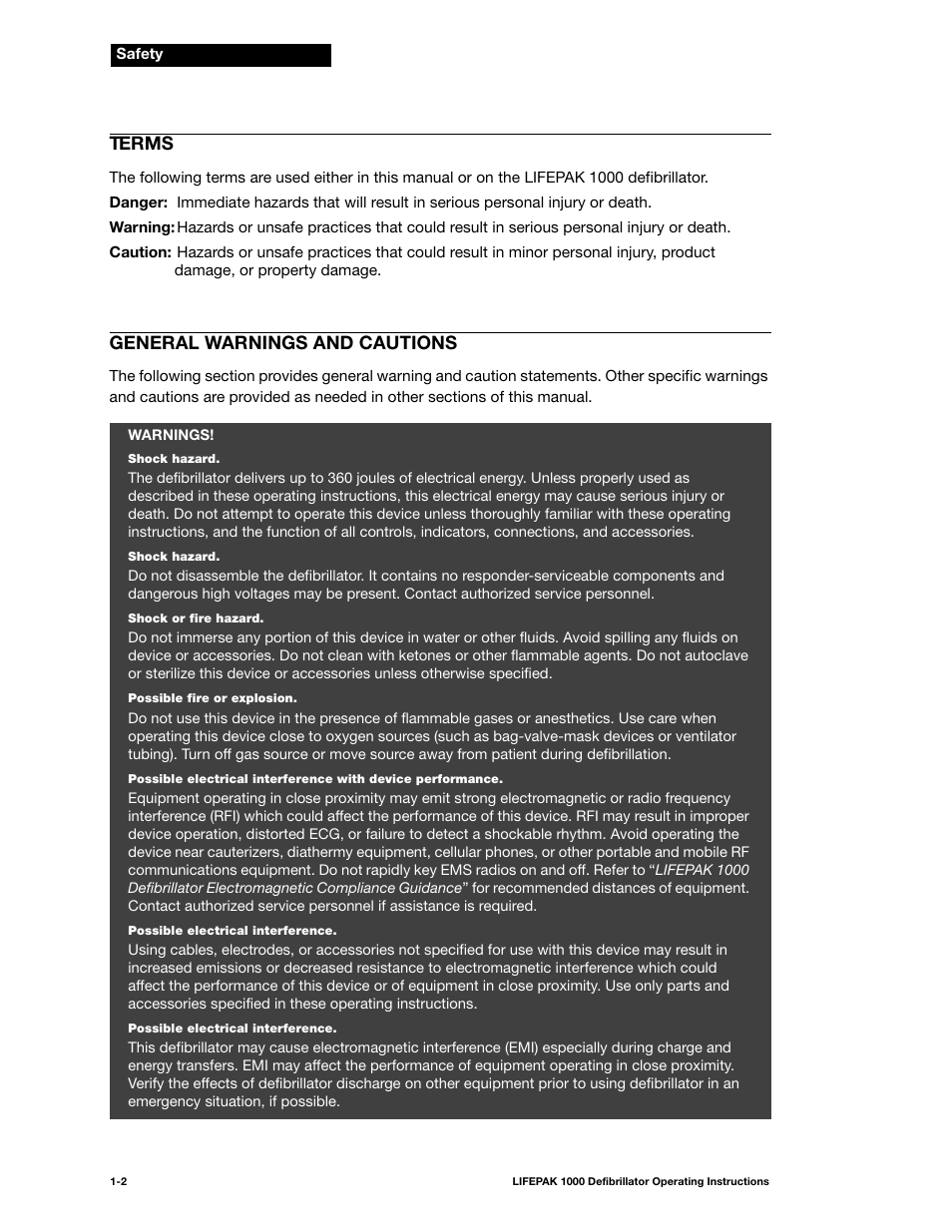 Terms, General warnings and cautions, Terms -2 general warnings and cautions -2 | Physio-Control LIFEPAK 1000 User Manual | Page 12 / 86