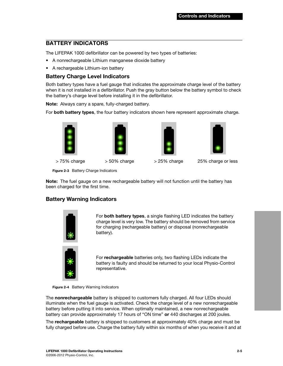 Battery indicators, Battery indicators -5, Battery charge level indicators | Battery warning indicators | Physio-Control LIFEPAK 1000 User Manual | Page 21 / 86