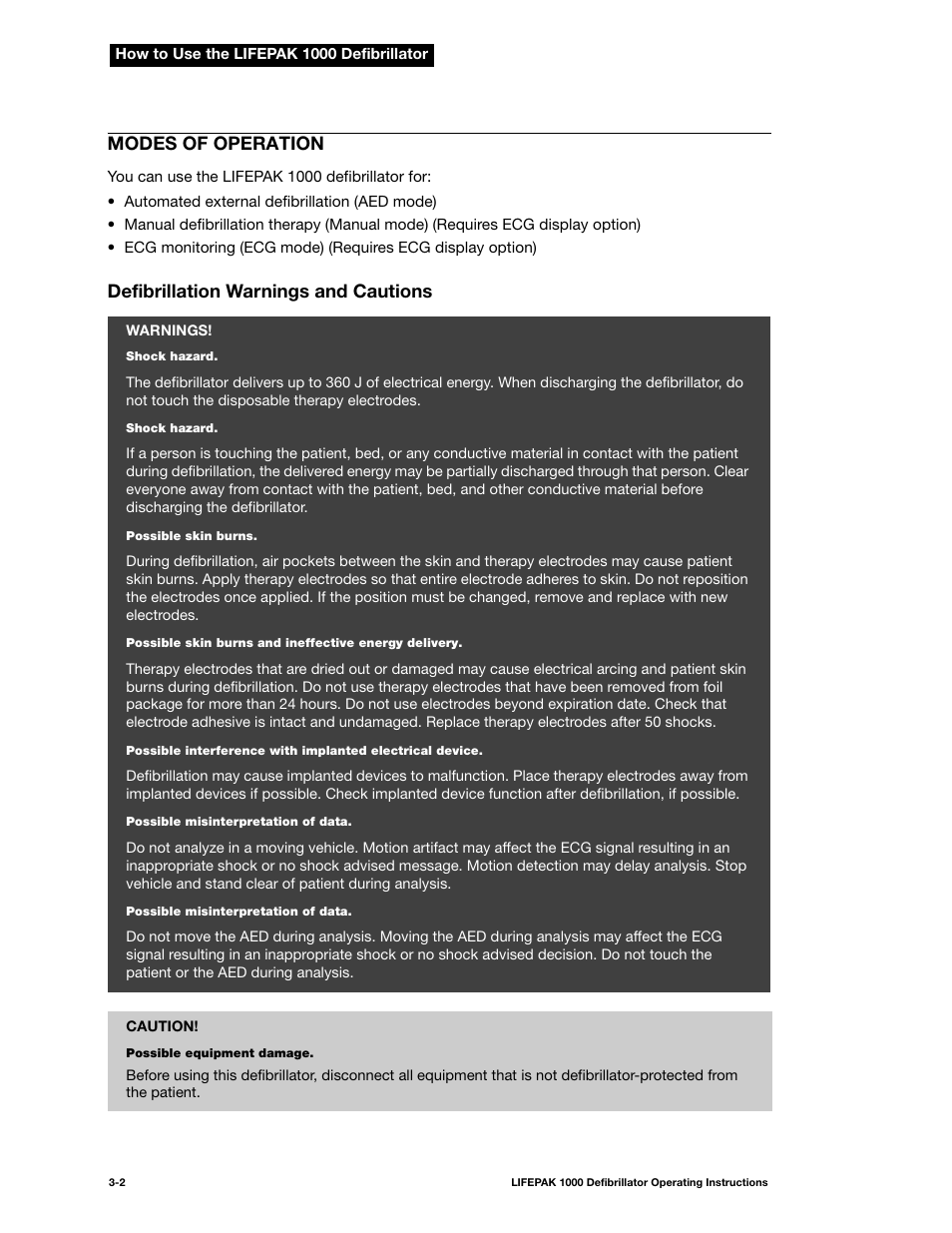 Modes of operation, Defibrillation warnings and cautions, Modes of operation -2 | Defibrillation warnings and cautions -2 | Physio-Control LIFEPAK 1000 User Manual | Page 24 / 86